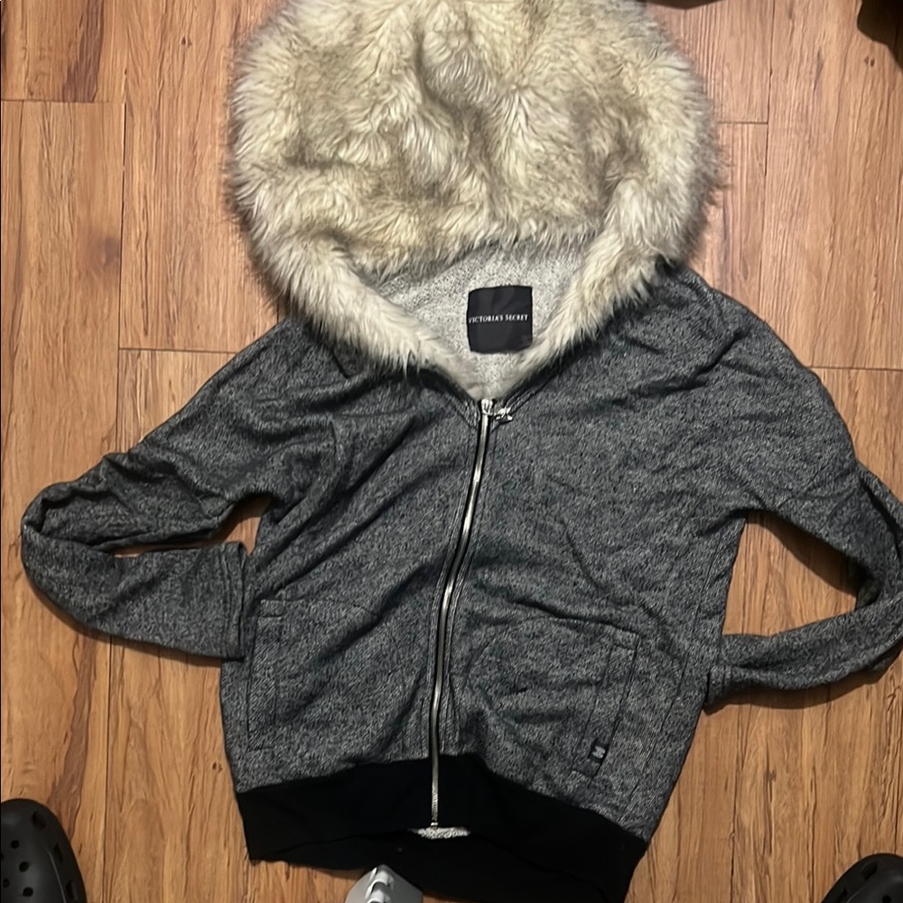 Vintage Havana Gray Bomber Jacket with Faux Fur Collar